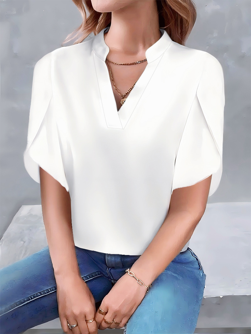 2025 Summer Fashion Simple V-neck Petal Sleeve Solid Color Womens Shirt Womens Shirt