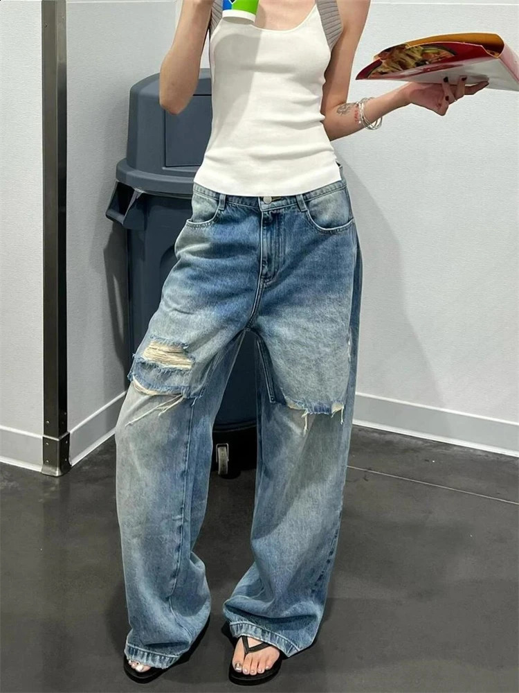 Womens patch work holiday twopiece n hole denim pants cool girl Trouser retro bottom womens high waist wide leg jeans 250417