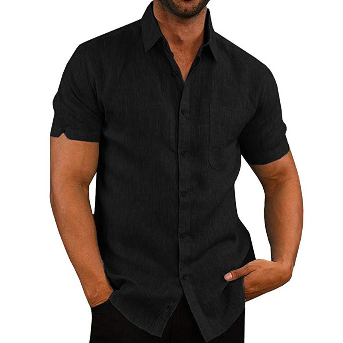 Summer 2019 Lapel solid short sleeve button mens Linen Shirt Mens wear