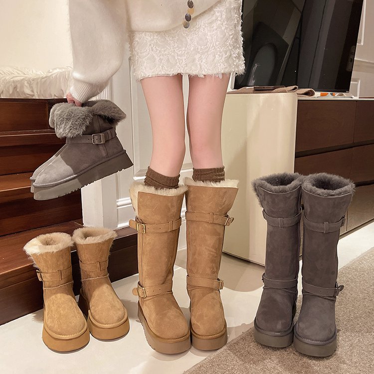 Free shipping fashionable and versatile winter daily wear thick soled anti slip long boots can be worn outside with fleece and thickened warm high boo