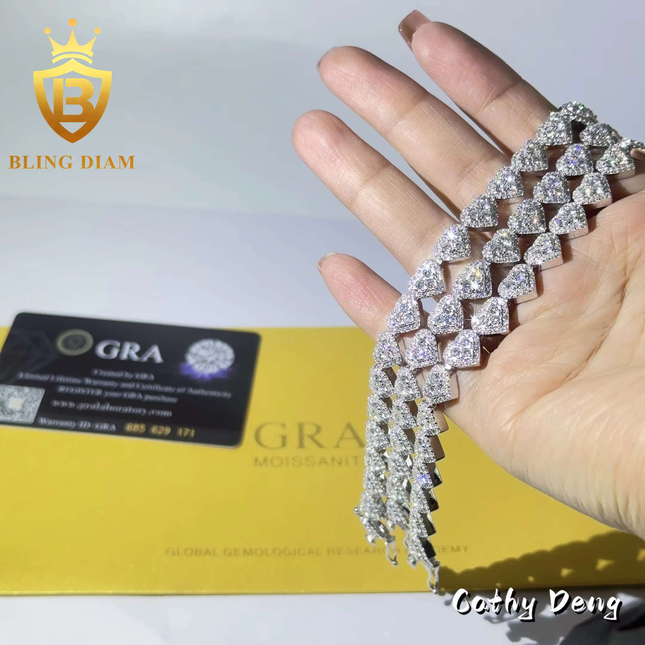 Hot Sale 8mm Fashion Hiphop Jewelry Heart Moissanite Link Cuban Chain Bracelet Ice Out 925 Sterling Silver Hip Hop Bracelet