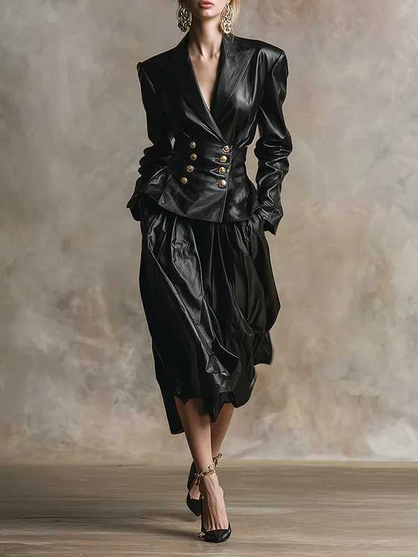 Model Urban Elegance Faux Leather Jackets for Women 2025 Winter V-neck Double-breasted Wommes Vintage Black Pu Leather Outwear J251124