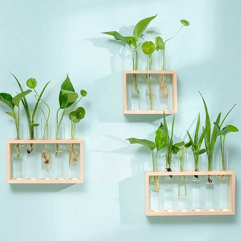 Hydroponic Plants Container with Wood Frame Transparent Glass Test Tube Vase Flower Pot Home Tabletop Bonsai Decorations Crafts C251124