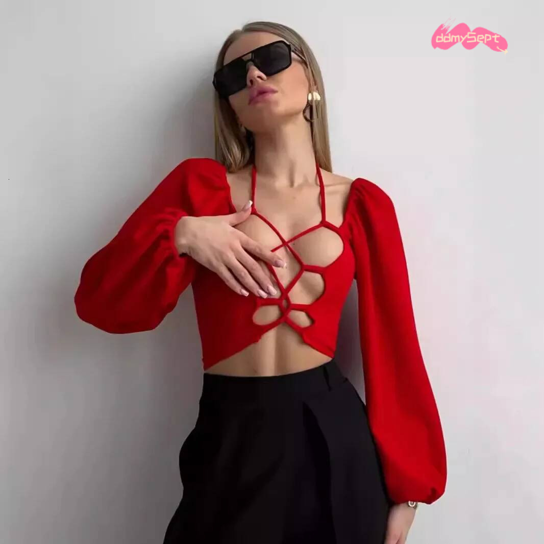 Sexy Ins Trendy Two-Way Wear Ladies T-Shirt Sensible Square Collar Open-Back Fitted Waist Long Sleeve Top ddmysept