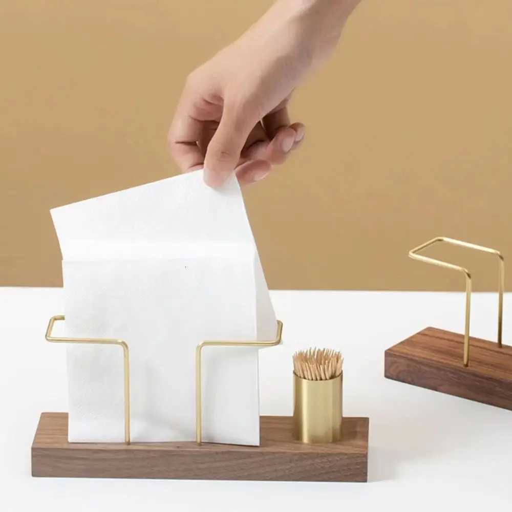 Vertical Tissue Dispenser with Toothpick Case Metal Napkin Holder Multi-use Gold Wooden HomeM251124