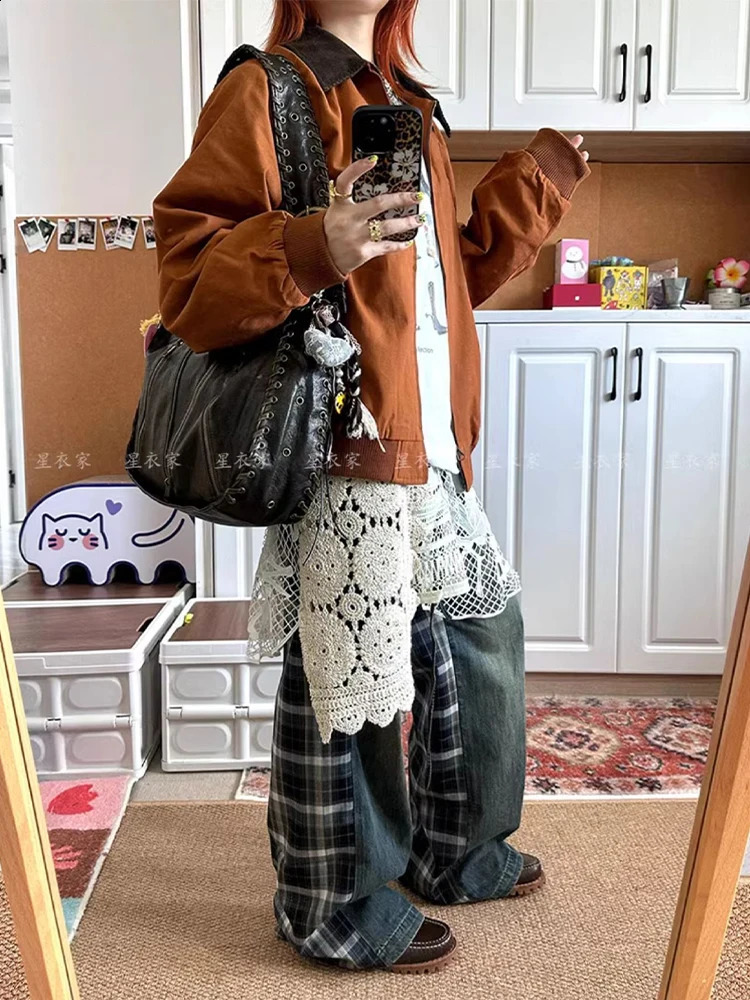 Womens Y2k bagged jeans Harajuku Japan 2000s style oversized splicing work plain denim Trouser retro jeans garbage clothing 250422