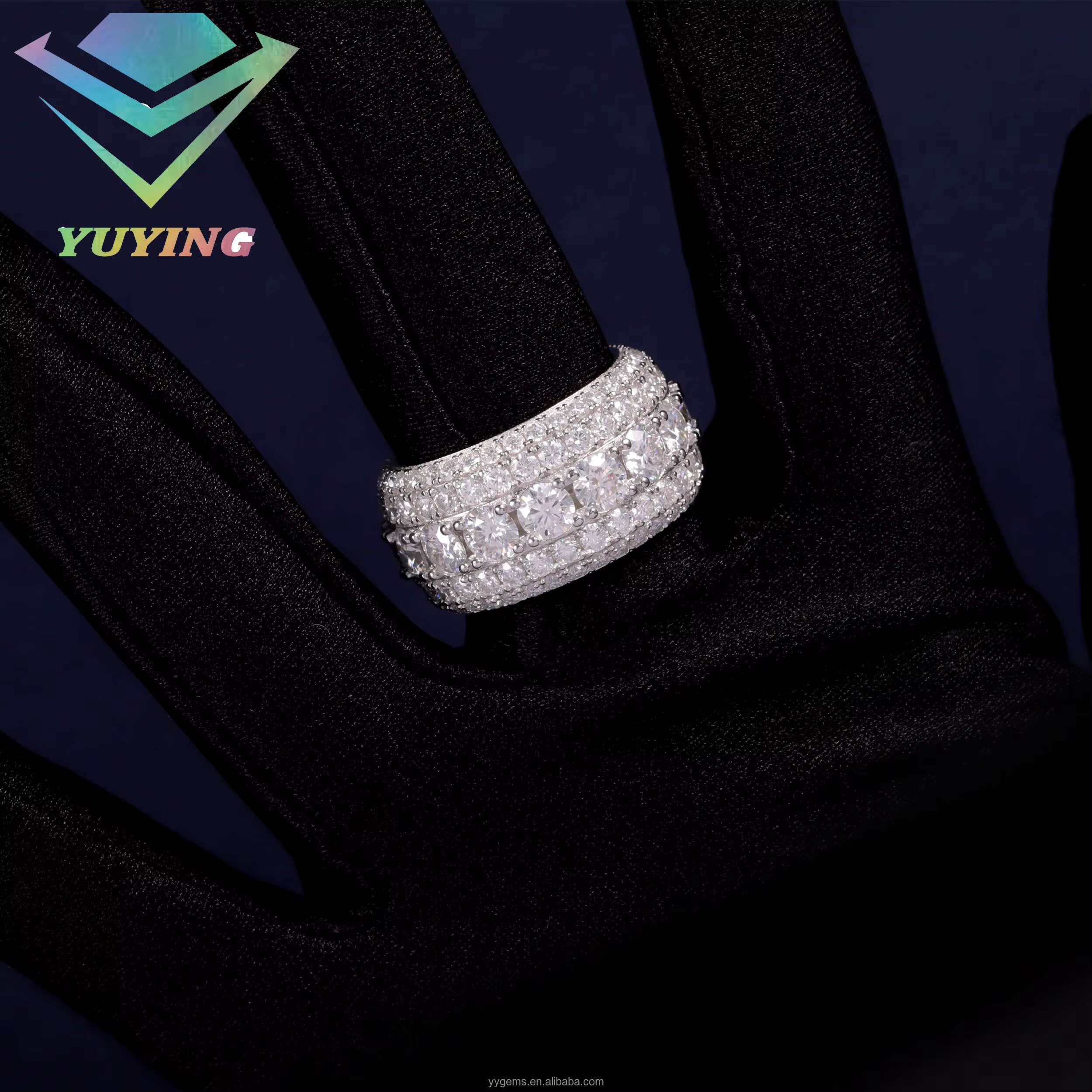 Yu Ying Iced Out Cuban Ring 18K Gold Plated S925 Silver Cross VVS Moissanite Diamond Mens Ring for Rapper Jewelry