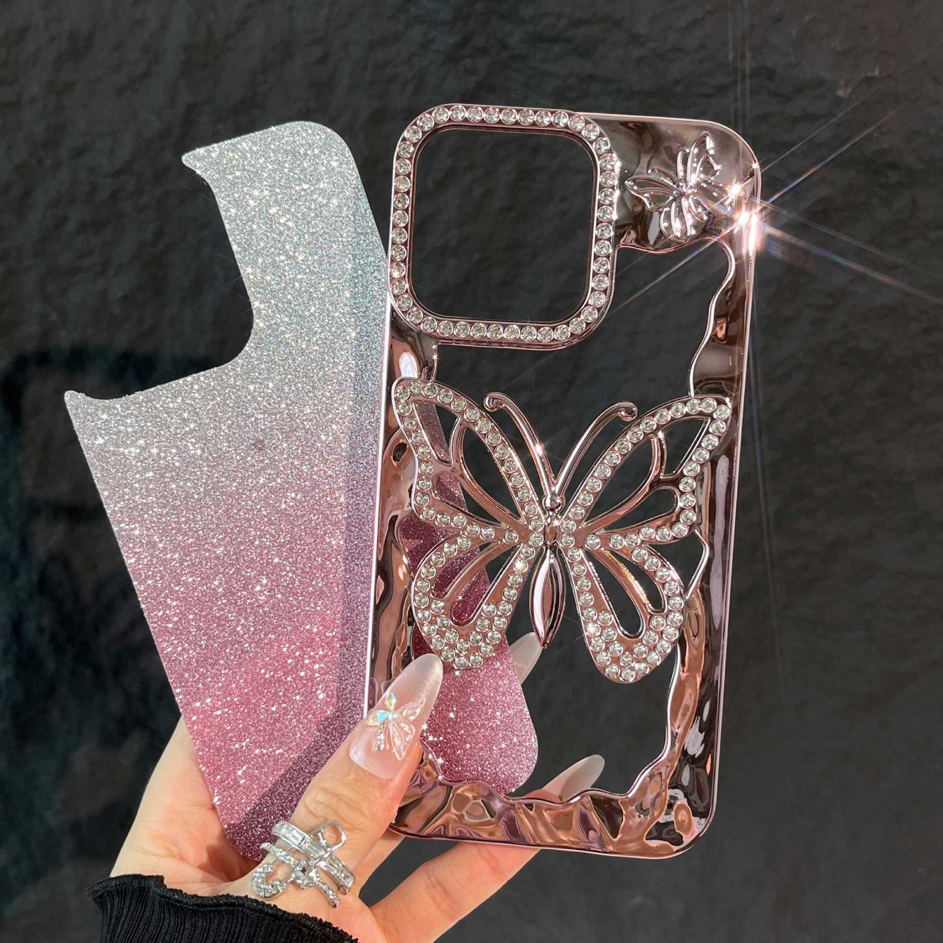 Gradient Glitter Hollow Large Butterfly Phone Case Compatible with iPhone 17 Pro Max New Soft Electroplated Case iPhone 16/15