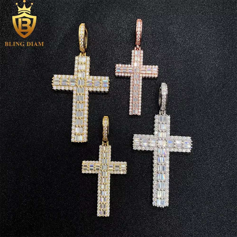 Hip Hop Jewelry 925 Sterling Silver Iced Out Baguette Moissanite Diamond Cross Pendant 2 Size