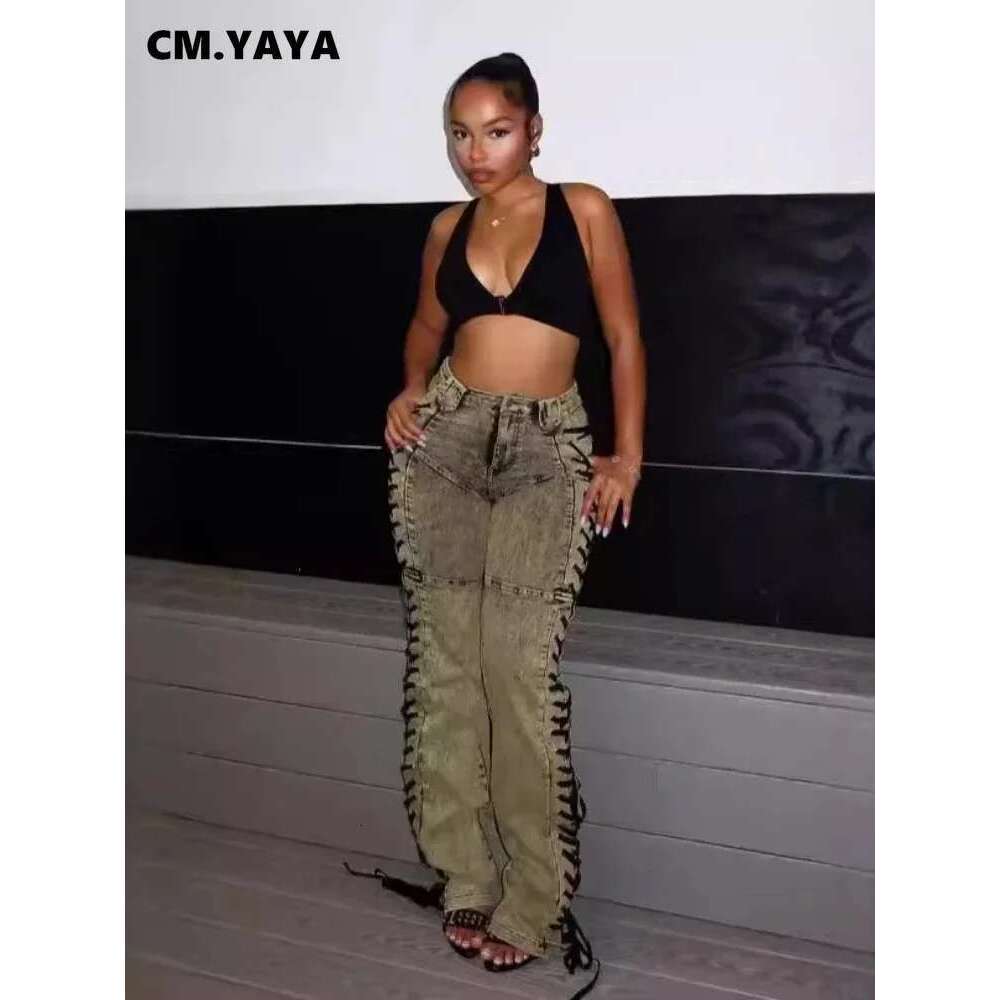 Cm.Yaya Women Streetwear Cutout Side Lace Up Cargo Pencil Denim Wide Leg Jeans Pants 2024 Fall Casual Fashion Holiday Trousers