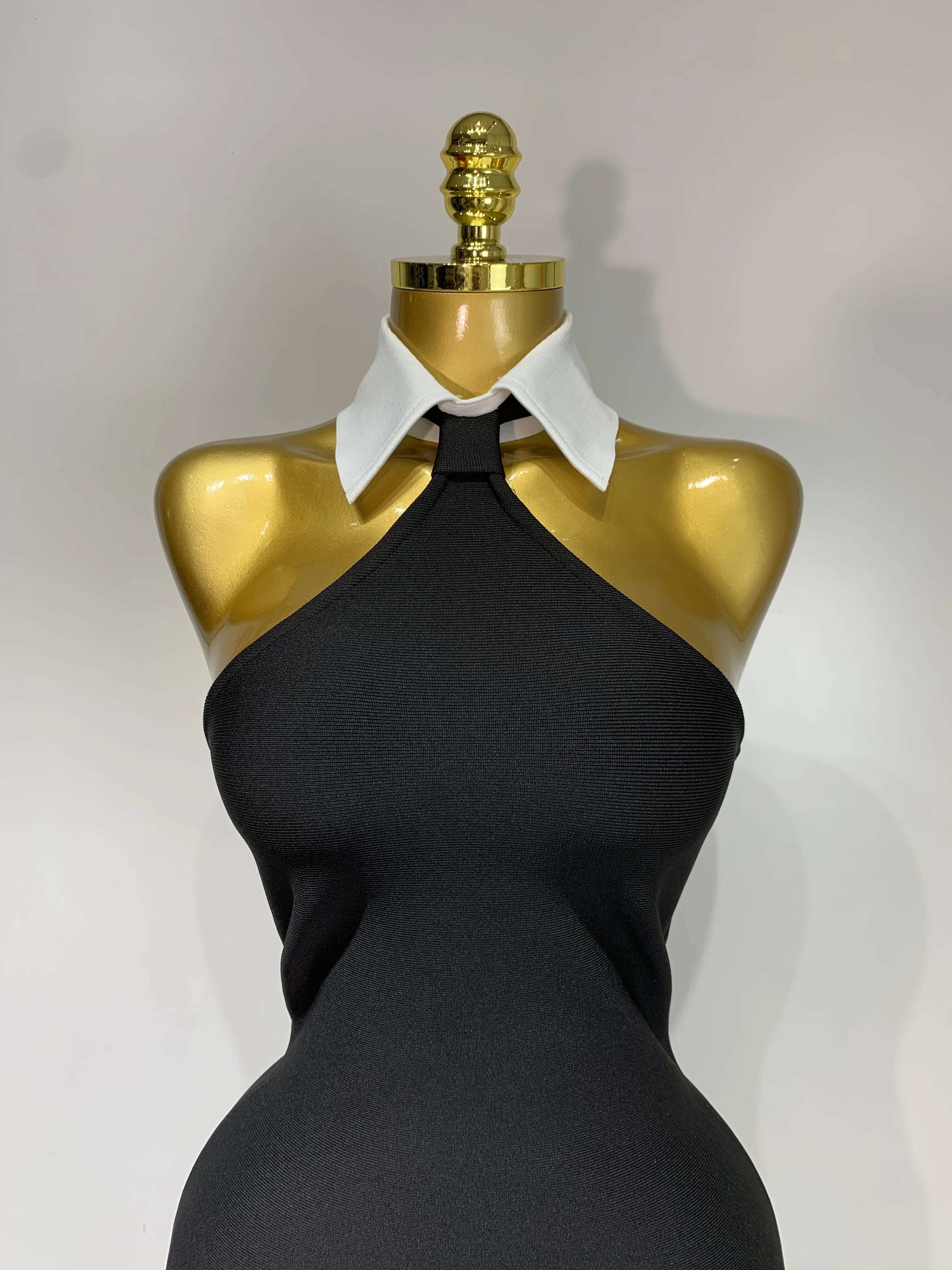 Women Sexy Backless White Shirt Collar Black Mini Bodycon Bandage Dress 2025 Elegant Evening Club Party Birthday Dresses