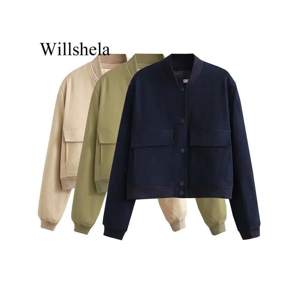 Designer Clothes Willshela Women Fashion Solid Bomber Jackets Coat With Pockets V-Neck Single Breasted Long Sleeves Female Chic Lady Outfits