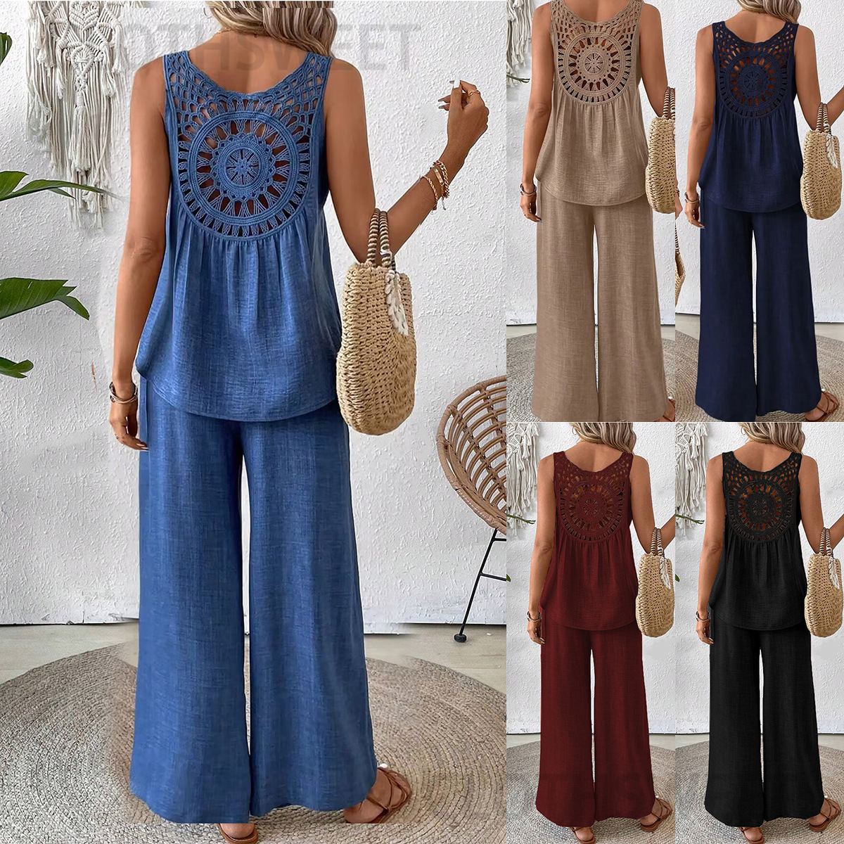 2024 New Summer Sleeveless Solid Color Back Hollow Lace Set for Women