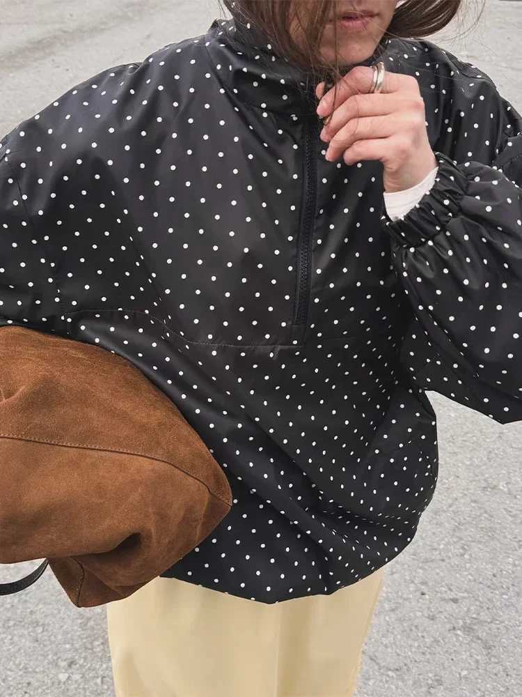 Womens Casual Polka Dot Printed Zipper Jacket Fashion Full Sleeves High Collar Loose Coat 2025 New Autumn Lady Commute Outwear J251124