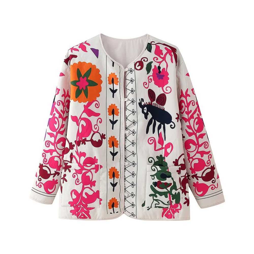 Autumn New Style European and American Style Loose Pocket Decoration Printed Cotton Jacket J251124