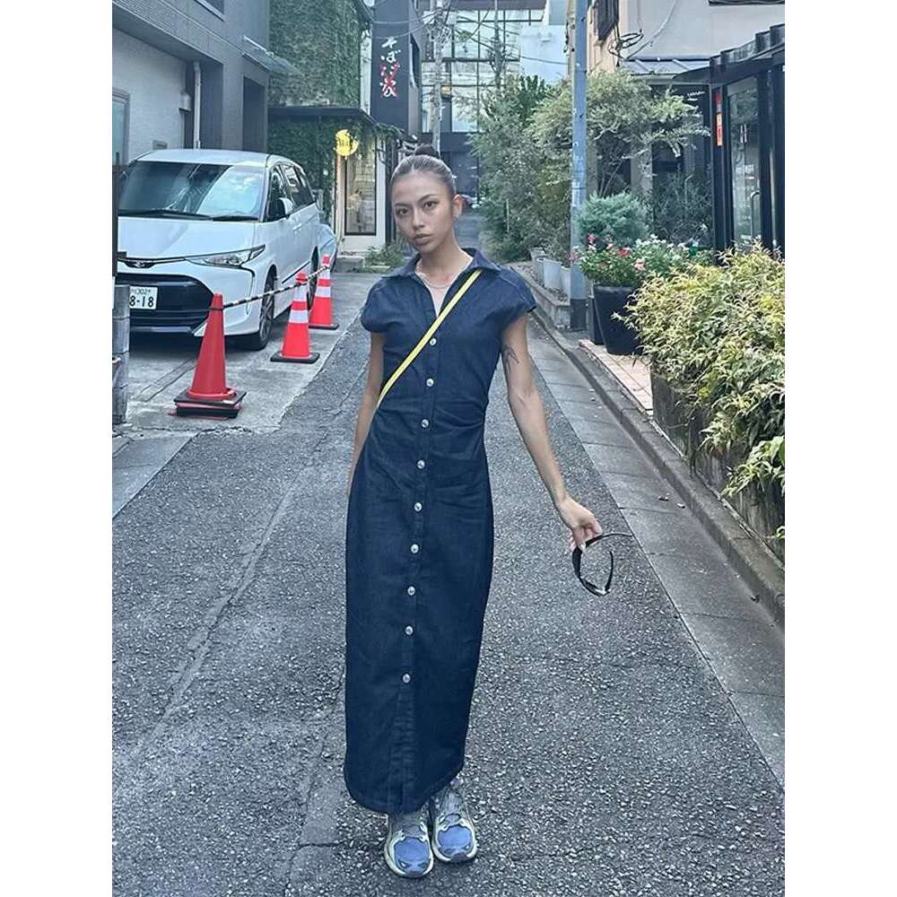 Elegant Pleated Women Denim Dress Turn-Down Collar Single Breasted Slim Female Long Dresses 2025 Summer New Fashion Lady Robe