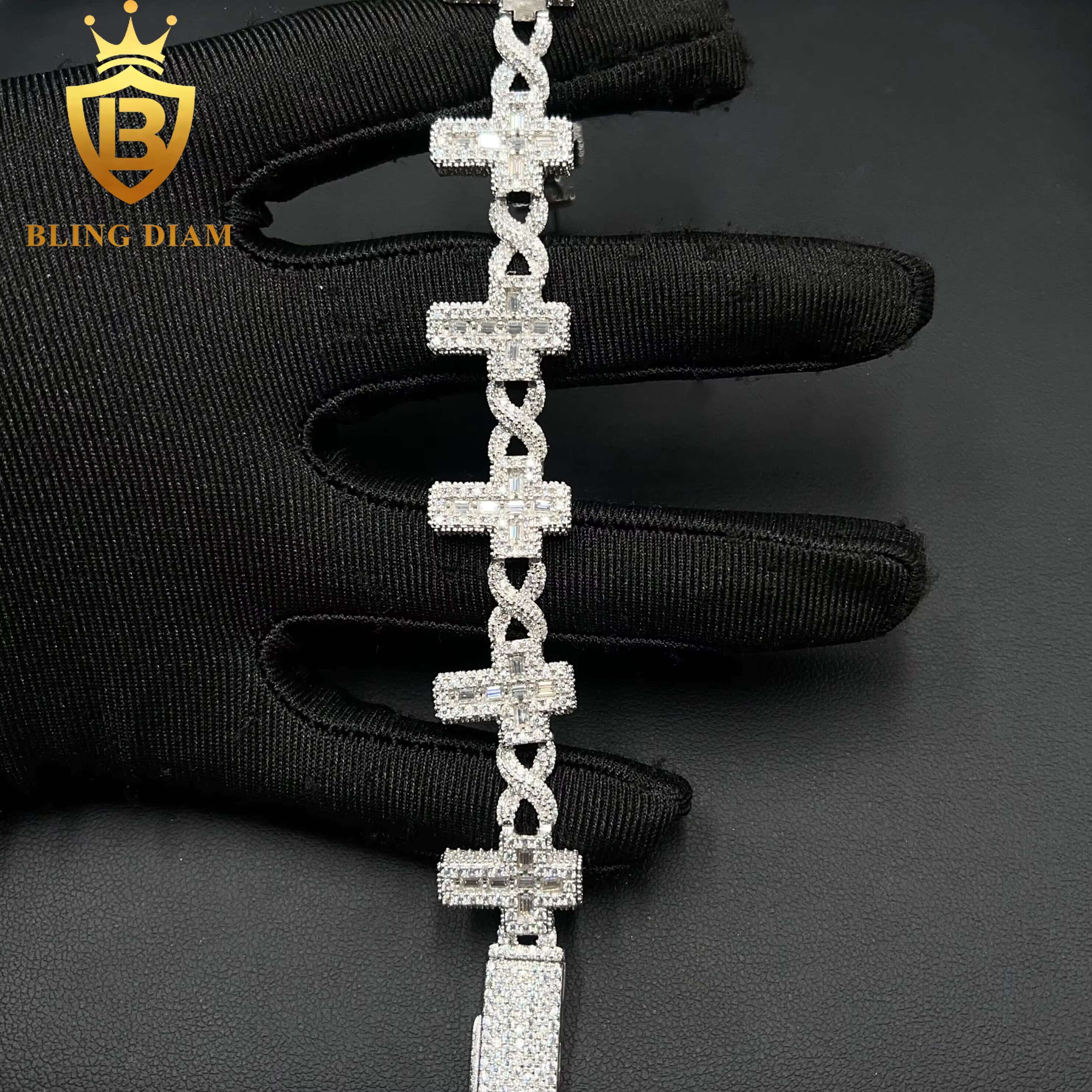 18k Gold Plated Fine Jewelry 925 Sterling Silver VVS Moissanite Cuban Link Chain Cross Bracelet 6mm