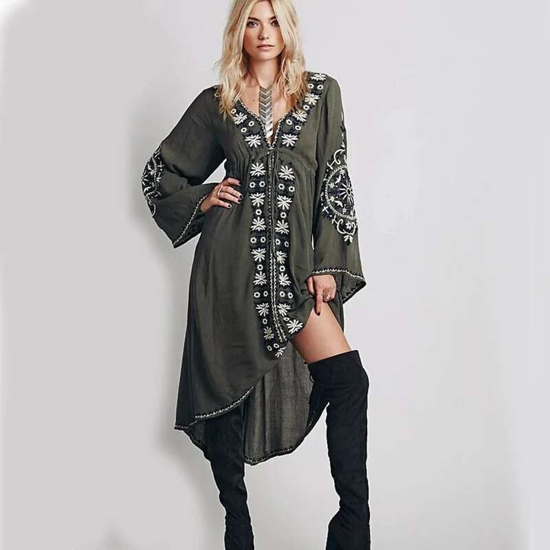 KHALEE YOSE Bohemian Sexy Maxi Dress Long Sleeve Dresses Women Tunic Vintage Floral Embroidered Cotton Casual Hippie Boho Robe