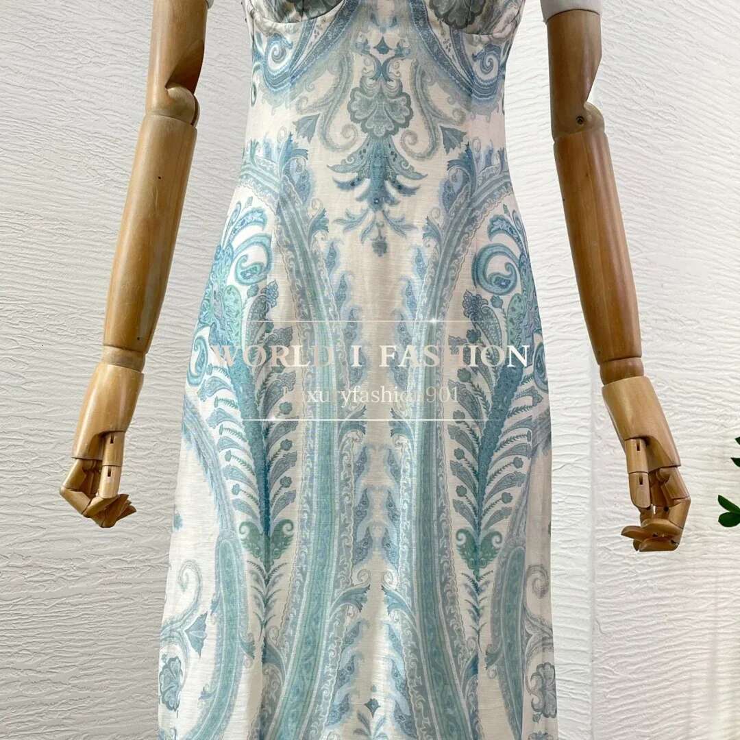2025 New Fashion Blue Paisley Print Sleeveless Mermaid Hem Ruffles Beading Midi Dress