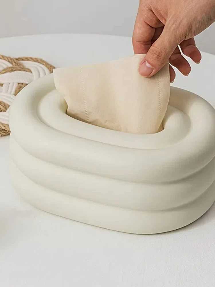 Ceramic Tissue Box Creamy Wind Ring Ceramic Decorative Tissue Dispenser Suitable for Living Room Dining Table BathroomM251124