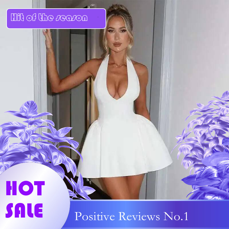 Dongdumaoyi Townlike Waist Wrap A Line Pleated Dress Women Halter Mini Summer V Neck Backless Nightclub Sexy Party Dresses