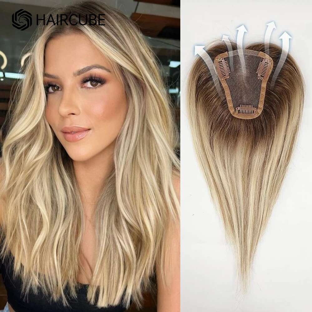 Toppers Middle Part Women Topper With Lace Base Clip In Hair Extensions Blonde Balayage Brown Human Hairpieces
