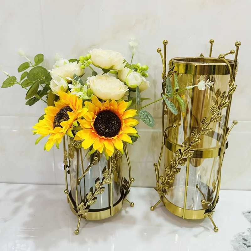 Luxury Metal Flower Vase European Style Glass Plant Pot Wedding Christmas Living Room Dining Table Home Decoration Artwork C251124