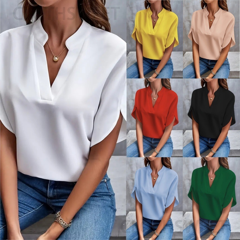 Womens 2024 Summer Casual Solid Color V-neck Loose Shirt Top for Women