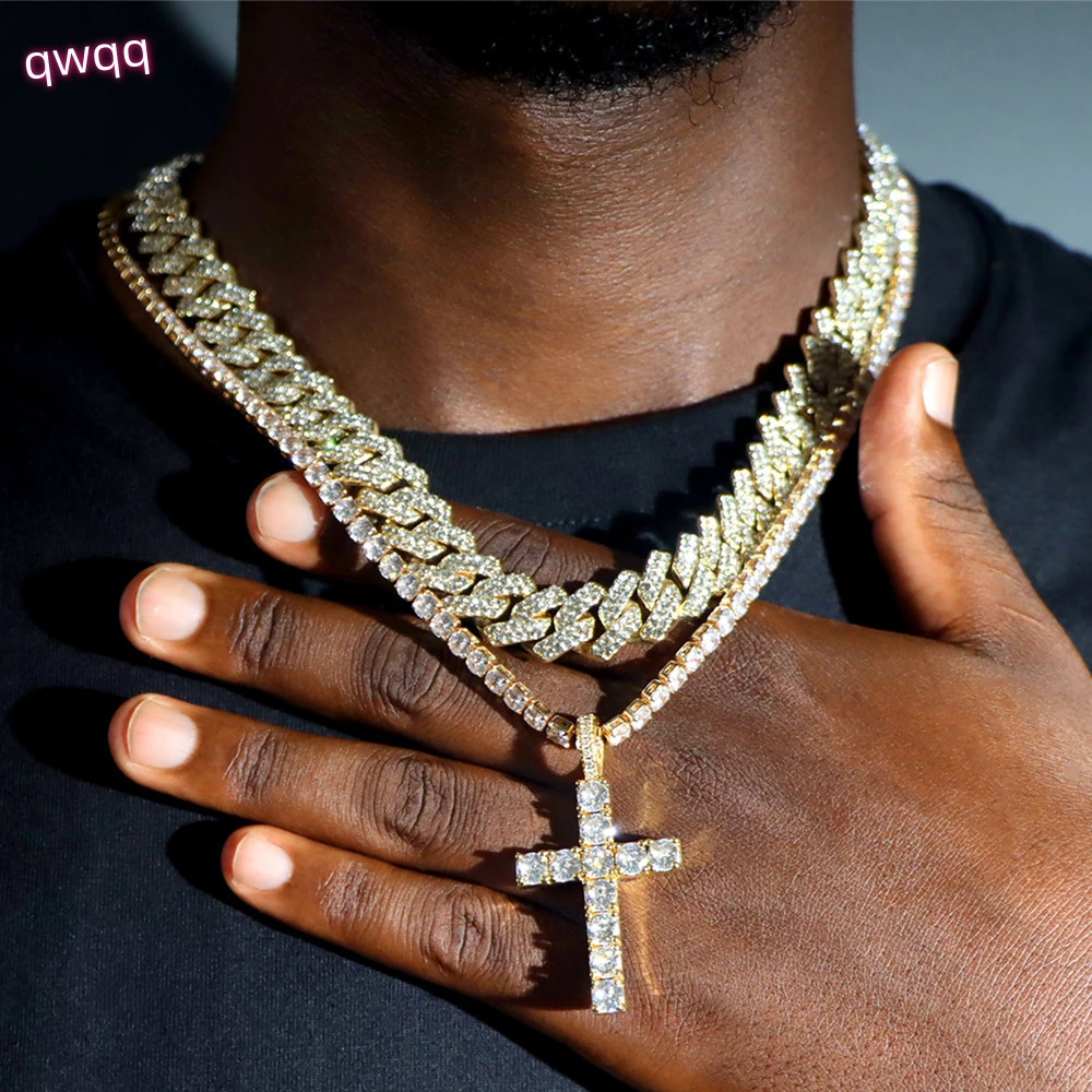 2Pcs Golden Cross Necklace Prong Cuban Link Chain for Women Men Iced Out Full Rhinestone 14MM Hiphop Cuban Necklace Set Jewelry