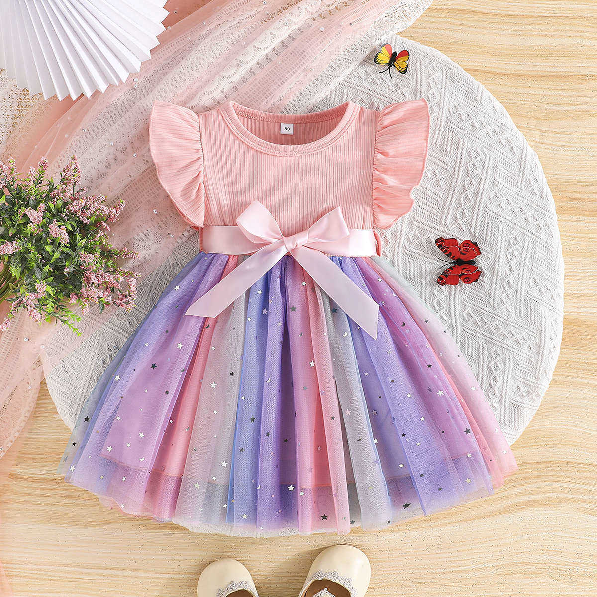 2025 Ins Sweet Beauty Childrens Flying Sleeve Butterfly Knot Mesh Summer Dress Y250423fqir