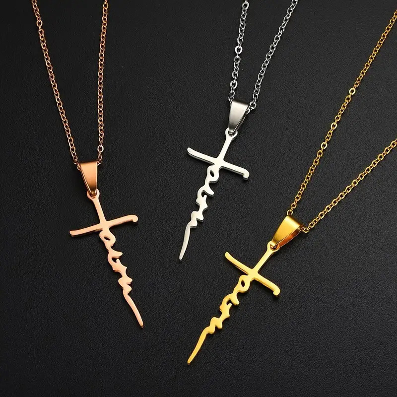 Top Source Temu's New Sweet Cross Stainless Steel Hip Hop Faith Neck Chain Necklace Clavicle