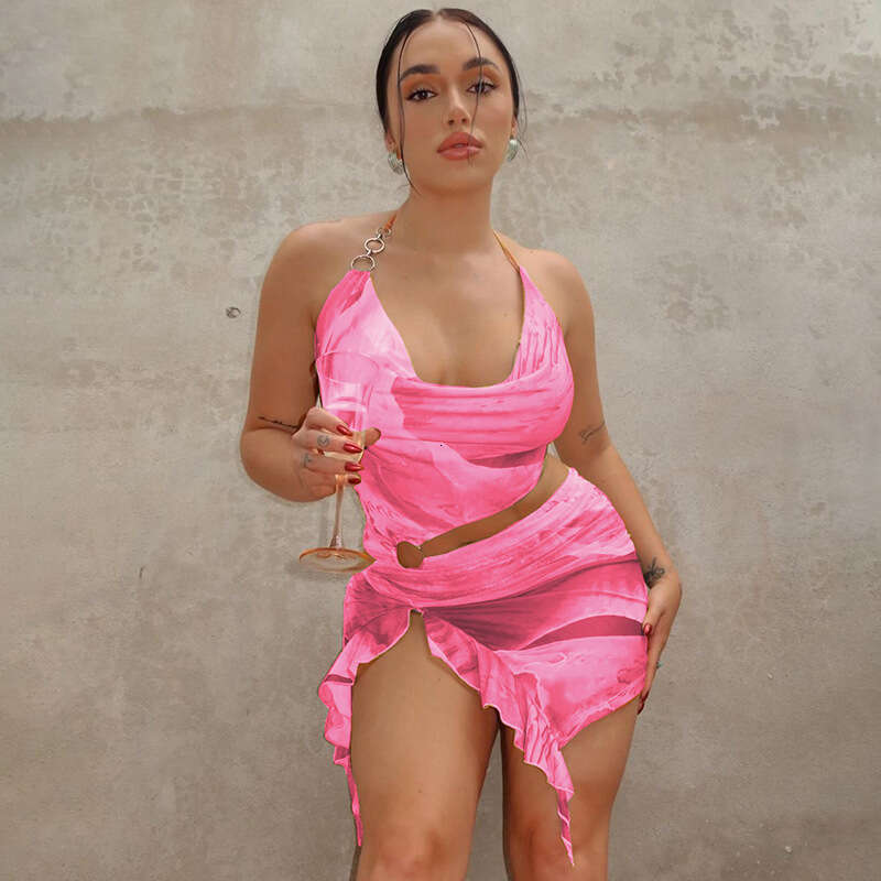Women's Clothing 2025 Summer New Product Fashionable Printed Sexy Backless Lace Up Dress