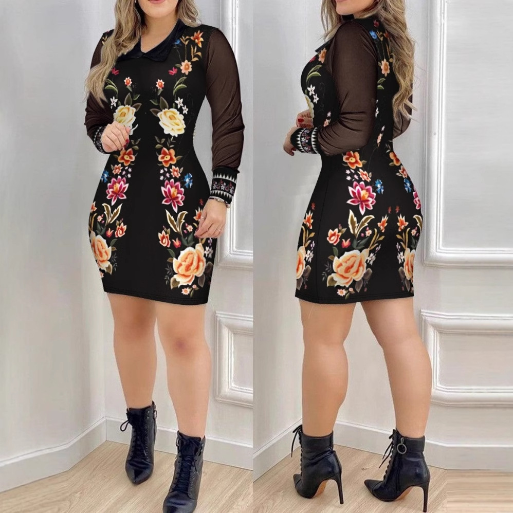2025 autumn fashion mesh long sleeved V-neck slim fit printed dress for women