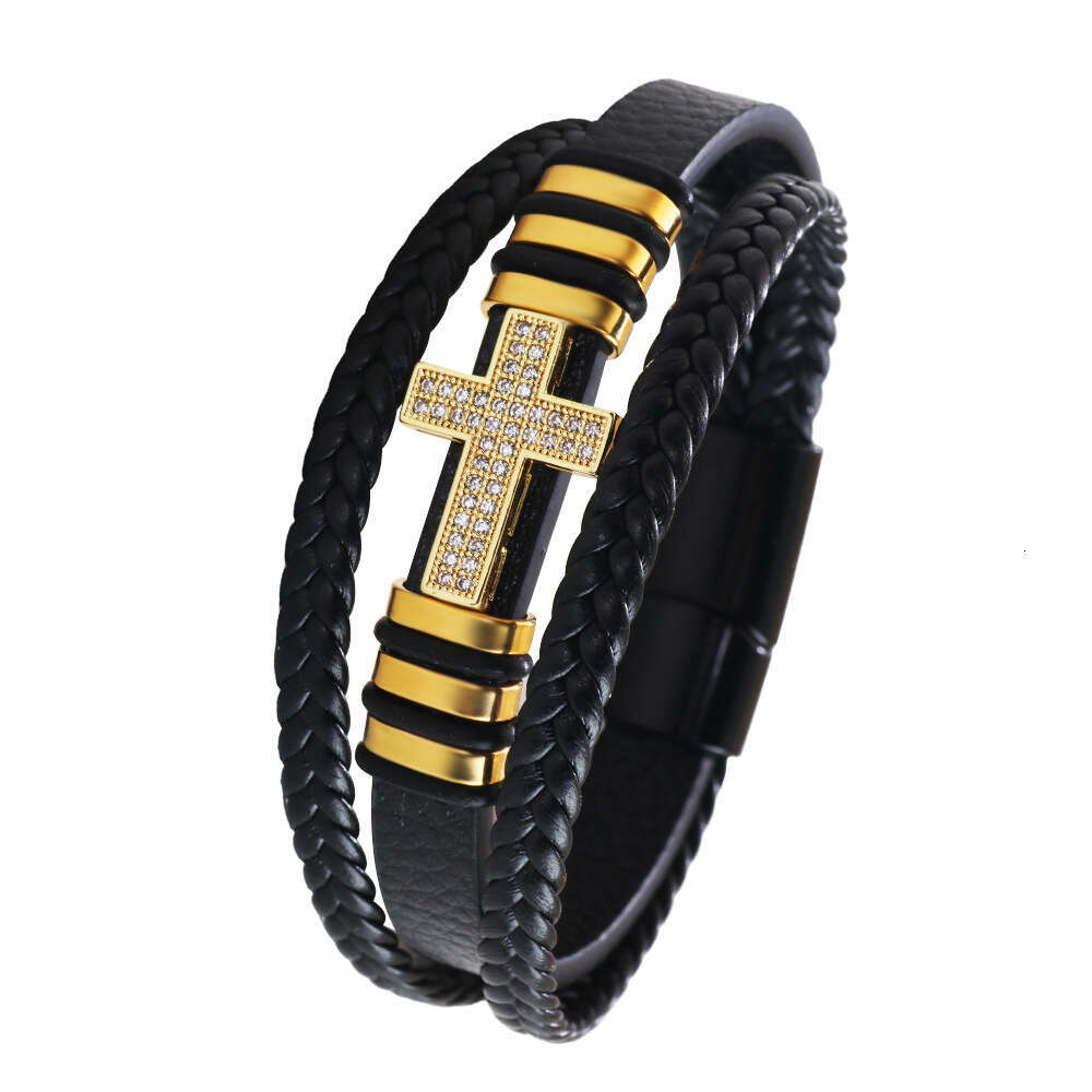 Copper inlaid zircon cross bracelet, fashionable PU leather rope, hand woven alloy bracelet jewelry