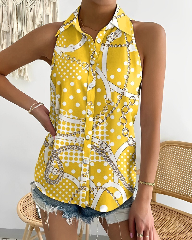 2023 Summer Casual Fashion Off Shoulder Sleeveless Abstract Printed Womens Shirt