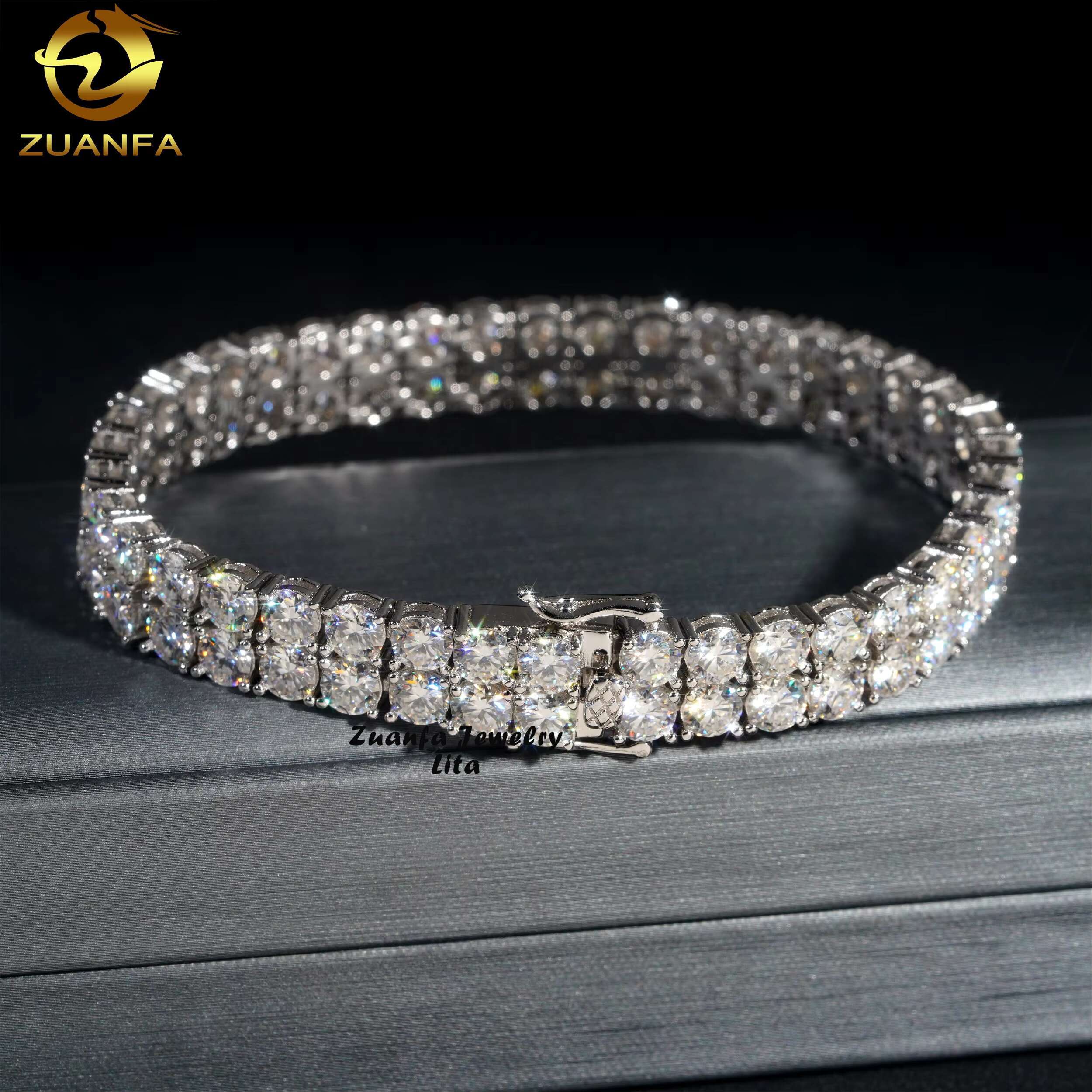 Hip Hop Rapper D Color VVS Diamond Silver Gold Plated 10mm Two Rows Moissanite Tennis Chain Bracelet