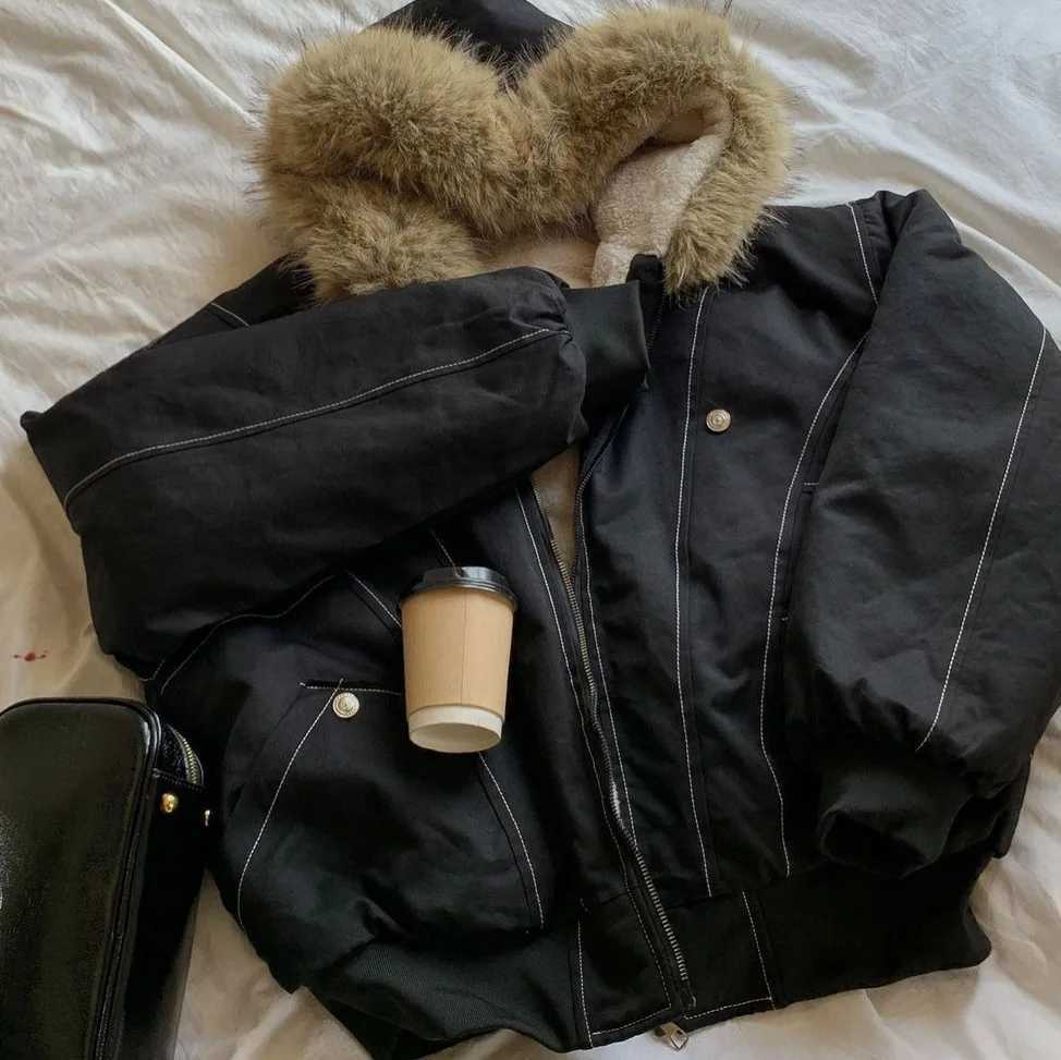 Autumn Winter Cotton Padded Jacket Women Outerwear Thick Warm Oversize Short Coat Female Hooded Long Sleeve Fur Collar Parkas J251124