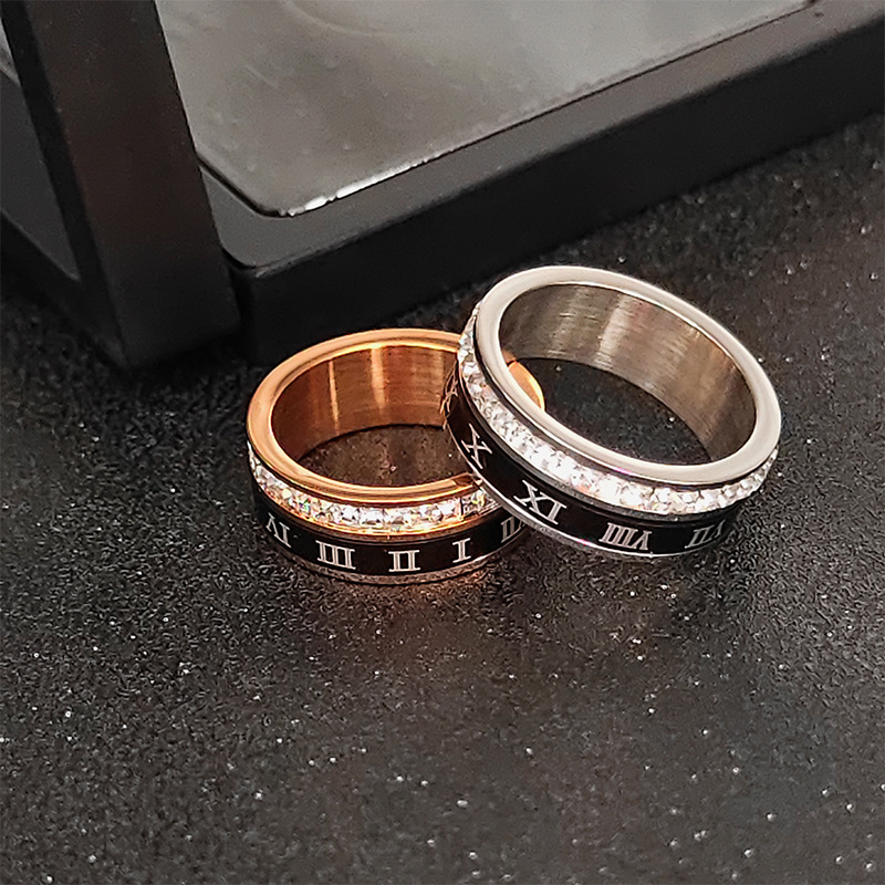 Top source rotatable titanium steel ins wind single row diamond ring for women Roman numerals 2023 new vacuum gold-plated design