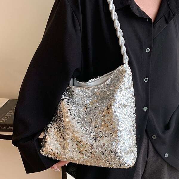 2025 Evening Package Spring New Glitter Decorative Fashion Single Shoulder Underarm Bucket Korean Edition Women's Bag