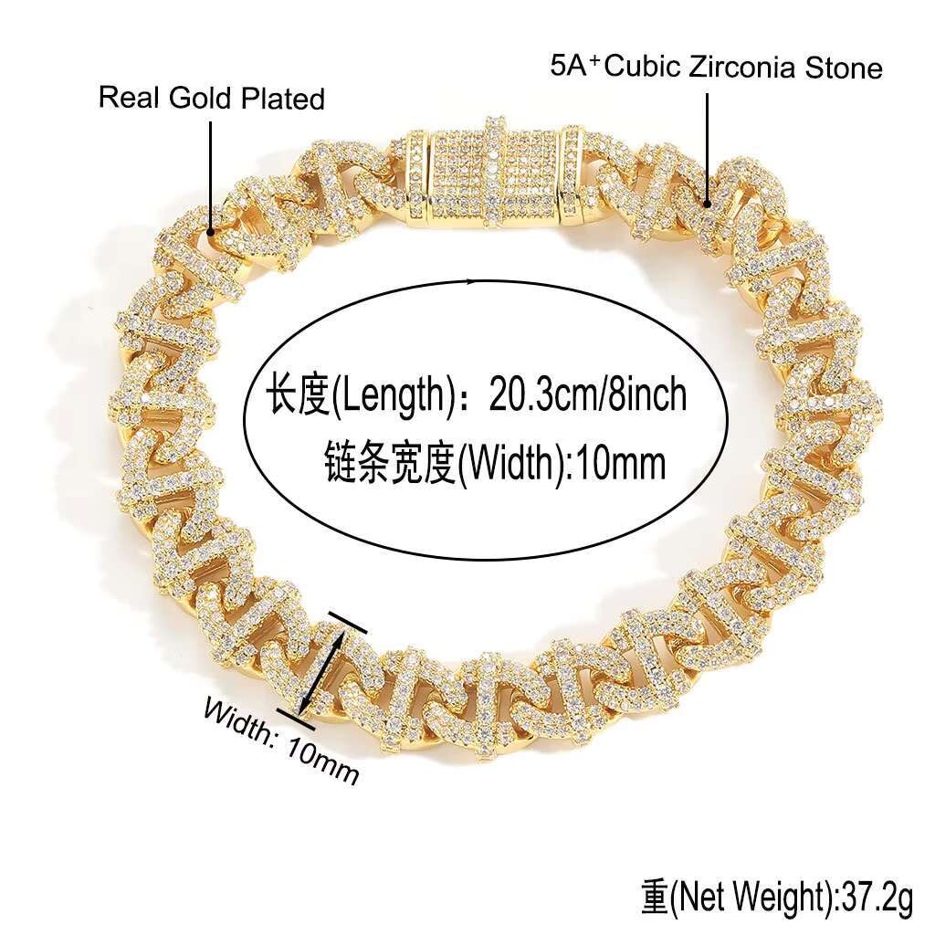 10MM Geometric Cuban Chains Necklace Hip Hop Diamond Cuban Link Chain Iced Out Brass Zircon Necklace Fashion Jewelry for Men