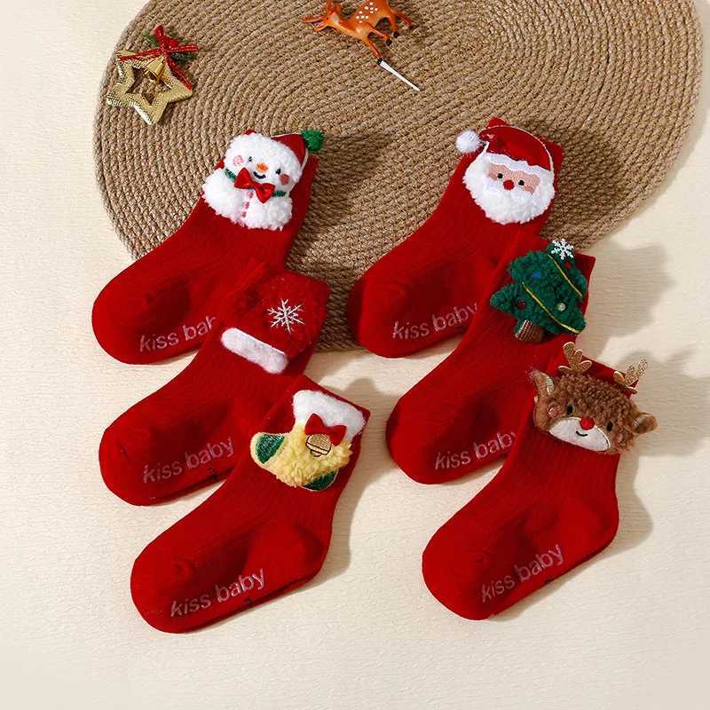 Kids Red Christmas Socks Cute Elk Tree Snowman Children Anti-Slip Floor Socks Boy Girl Winter Warm Mid Tube Sock Xmas Footwear G251124