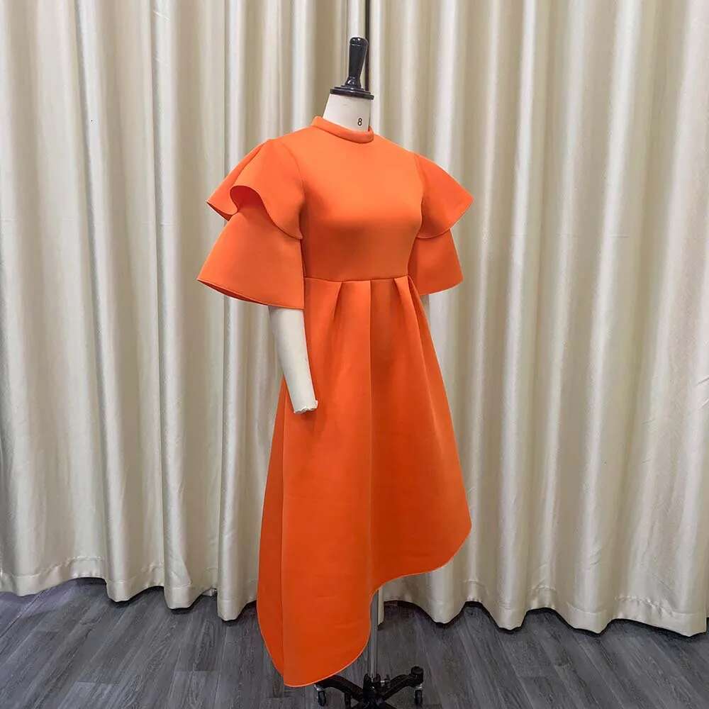 Elegant Party Dresses For Woman 2024 New O Neck Ruffles Sleeve High Waisted Asymmetric Mid Calf Birthday Dinner Vestidos