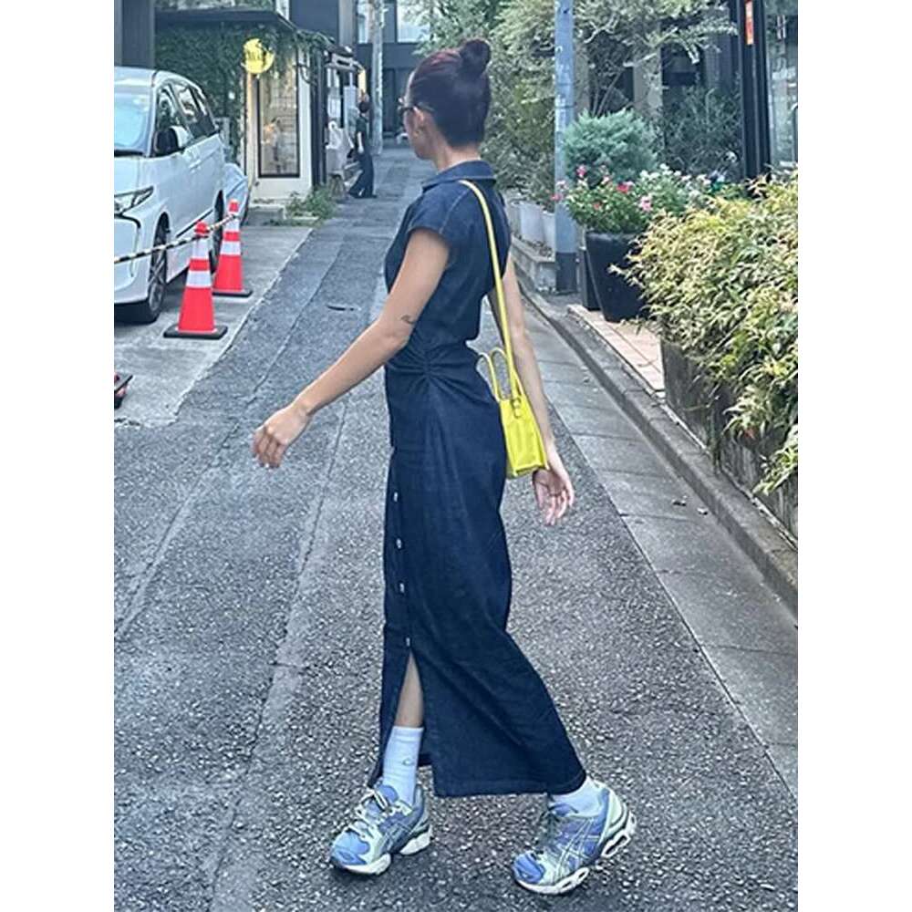 Elegant Pleated Women Denim Dress Turn-Down Collar Single Breasted Slim Female Long Dresses 2025 Summer New Fashion Lady Robe