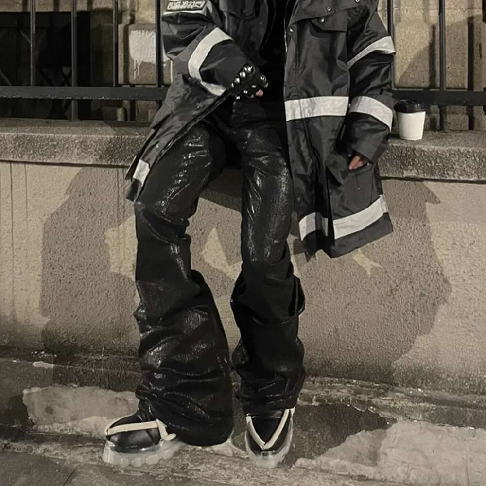 Streetwear Black Wax Leather Strecth Jeans For Men Ropa Hombre Baggy Y2k Flare Pants Oversized Straight Denim Trousers