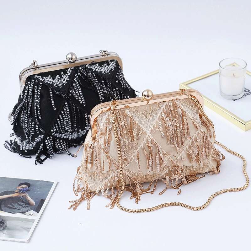 New Diagonal Straddle Tassel Evening Dress Banquet Women's Sequin Handheld Bag