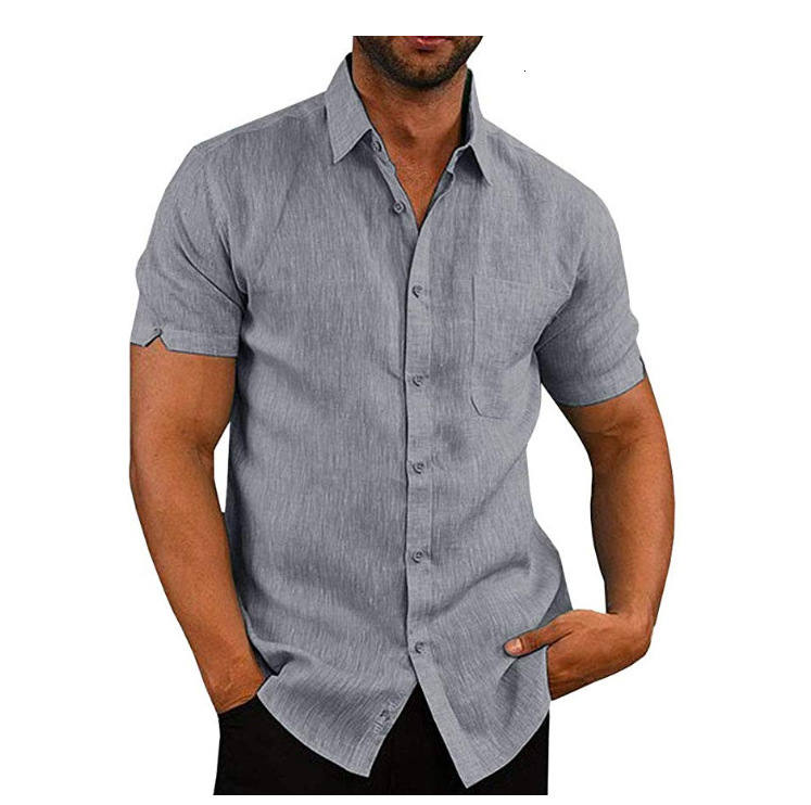 Summer 2019 Lapel solid short sleeve button mens Linen Shirt Mens wear