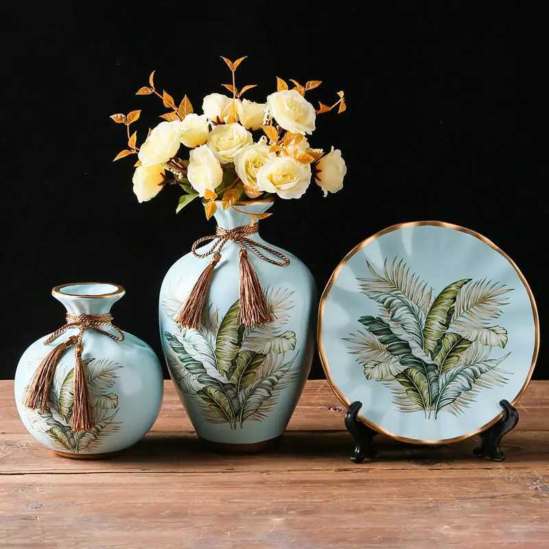 3Pcs/Set Ceramic Vase Dried Flowers Arrangement Wobble Plate Living Room Entrance Ornaments Home Decorations C251124
