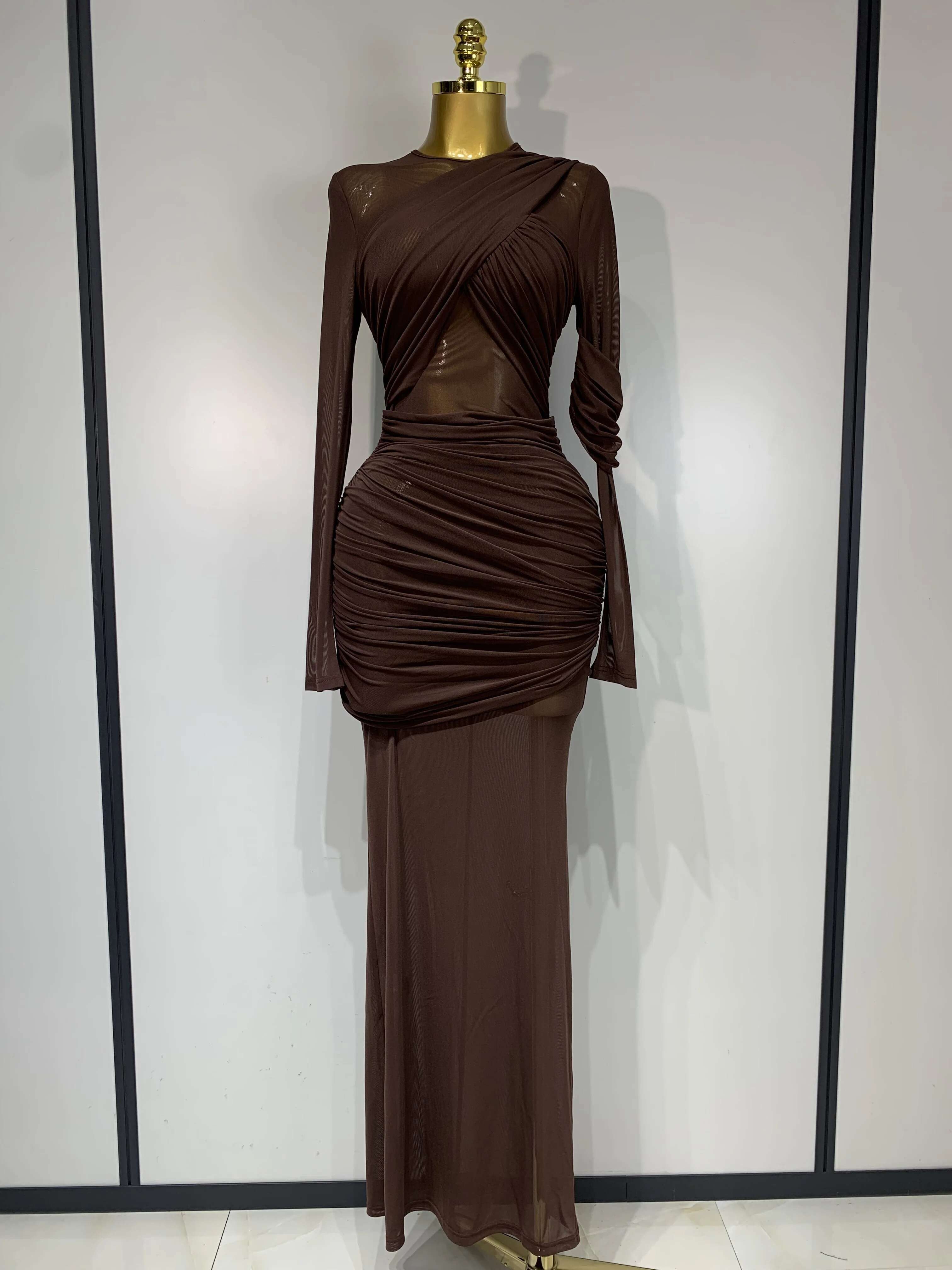 Elegant Brown Mesh Fold Long Sleeve Bodycon Dress Women 2025 Evening Party Club Sexy Perspective Fashion Birthday Dresses