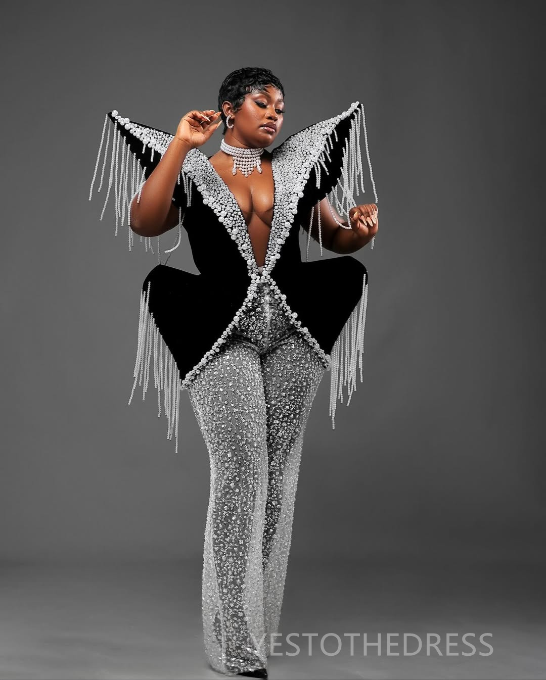 African Aso Ebi Plus Size Prom Dresses Black Jumpsuits V Neck Sexy Pearls Sequined Lace Evening Formal Gowns for Nigeria Black Women Birthday Gowns AM