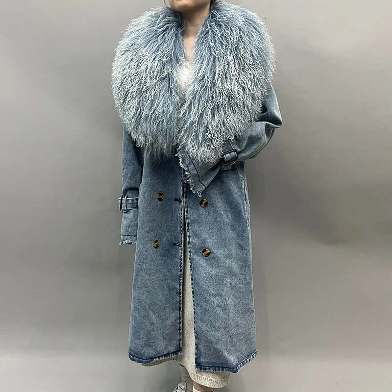 Lady Fashion Mongolian Denim Jacket Spring Autumn Long Trench Coat With Fur Detachable Collar